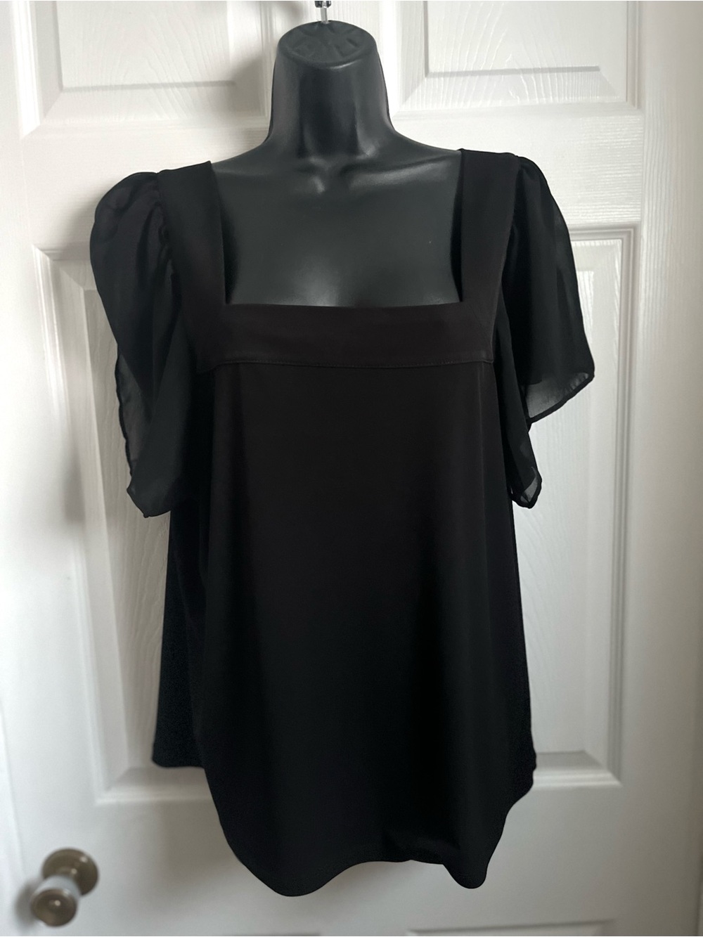 Calvin Klein Top Square Neck Flutter Sleeve Blouse Black XXL Minimalist Chiffon